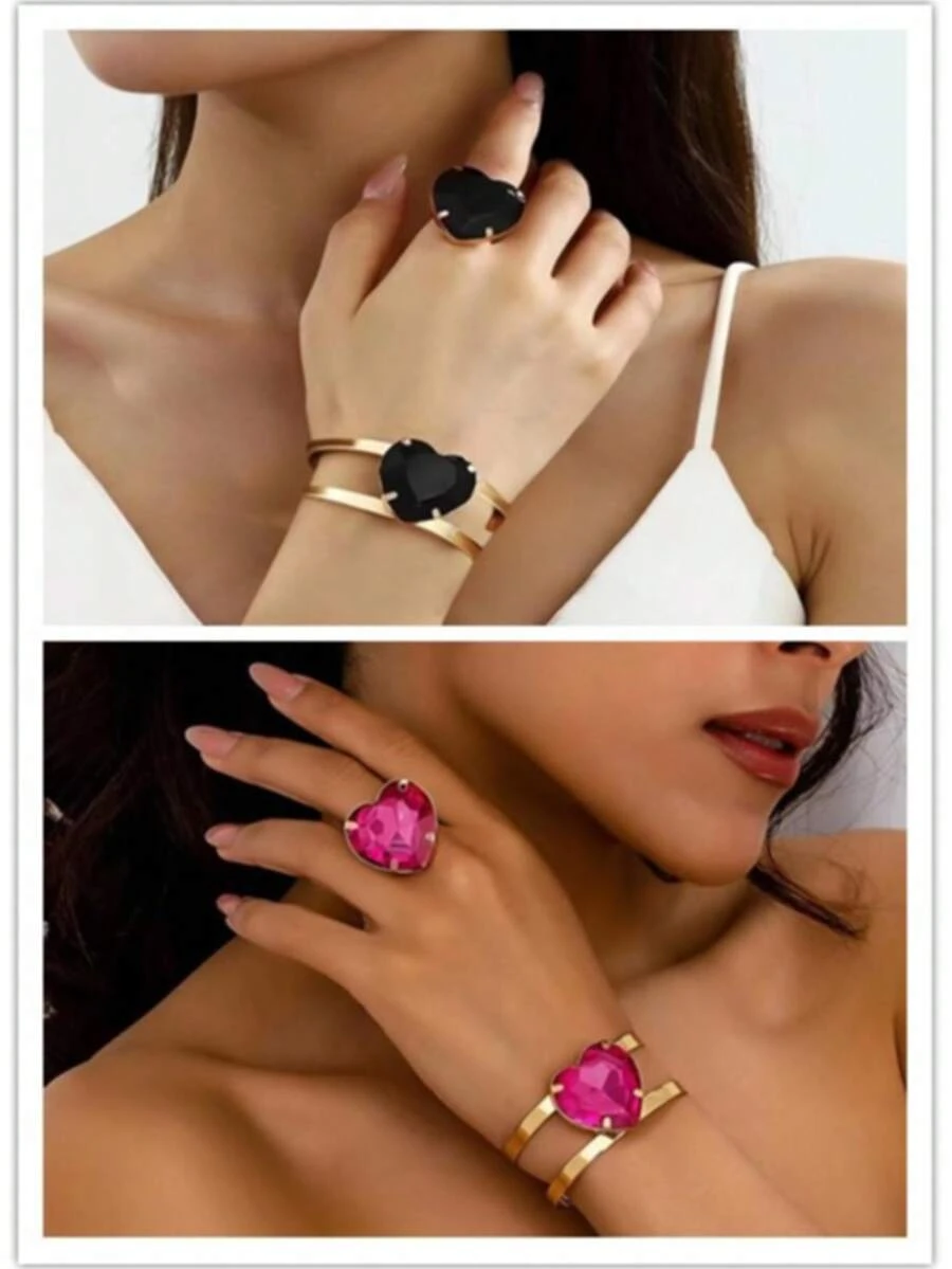 一套/2件时尚夸张金属心形水钻镶嵌可调节几何手链+1枚优雅心形戒指首饰套装，适合女士晚宴、生日、日常佩戴、情人节礼物