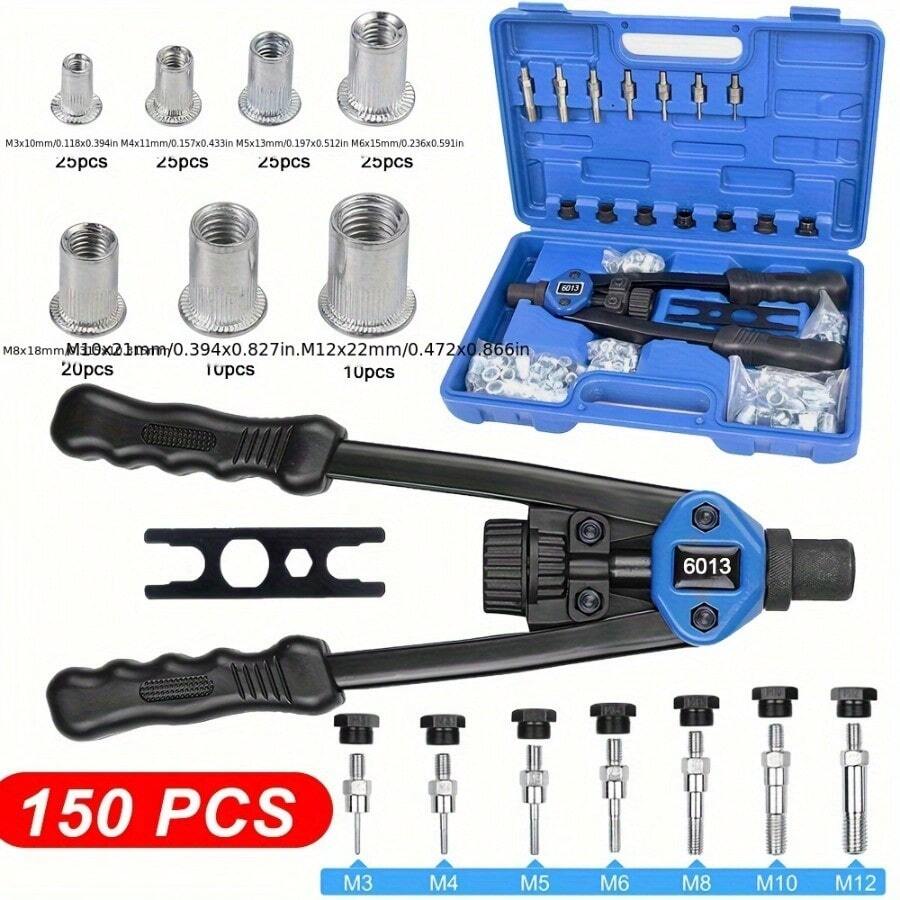150pcs Rivet Gun Set, Rivnut Tool Kit, Heavy Duty Hand Riveter, M3-M12 7pcs Metric Mandrels, 140pcs Nuts And Rivets, Pop Rivet Gun Set With Storage Case Included - 150pcs - View 1