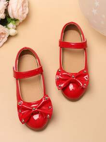 1 Pair Girls' Comfortable Versatile Flat Shoes With Bow, Rivet, Hook And Loop, Princess Shoes, Shoes - Red - View 4