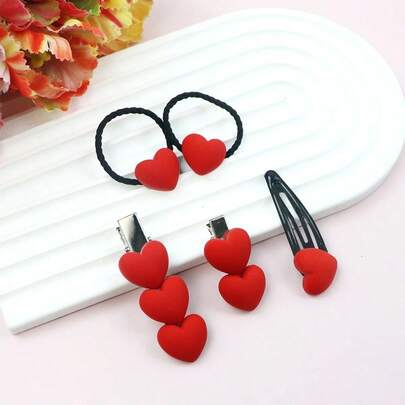 5pcs/Set Red Heart Themed Hair Accessories, Suitable For Valentine's Day Proposal Party, Women Hair Clips, Bangs, Side Braid Hair Ties