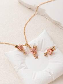 1pc Fashion Faux Pearl Pink Zirconia Sea Star Earring Necklace, Electroplated 18k Gold, Showcasing Female Charm, Suitable For Women's Daily Leisure, Social And Banquet Dress, Talisman Earring Necklace, Women's Jewelry Earring Necklace Wearing. Can Be Given As A Gift To Mothers, Wives, And Girlfriends. - Multicolor - View 3