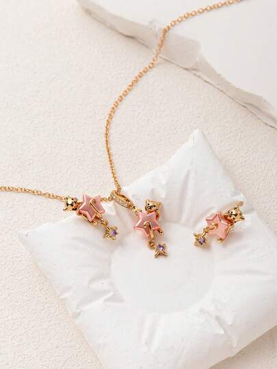 1pc Fashion Faux Pearl Pink Zirconia Sea Star Earring Necklace, Electroplated 18k Gold, Showcasing Female Charm, Suitable For Women's Daily Leisure, Social And Banquet Dress, Talisman Earring Necklace, Women's Jewelry Earring Necklace Wearing. Can Be Given As A Gift To Mothers, Wives, And Girlfriends.