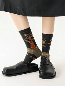 6/4/2/1 双装女士彩色3D立体花卉中筒袜，时尚可爱，春秋季棉质 - 彩色 - 查看 12