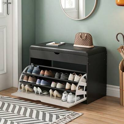 Shoe Storage Bench With Flip Drawers, Easy To Assemble 3-Tier Hidden Shoe Organizer For Entryway Cloakroom & Bedroom