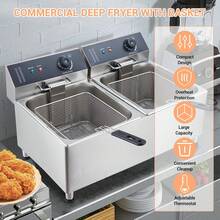 Fritor eléctrico 2X11.6QT / 11 litros con cesta y tapa, Fritor comercial, Fritor eléctrico 5000w con construcción de acero inoxidable espesada de 0,8 mm - Plateado - Ver 6