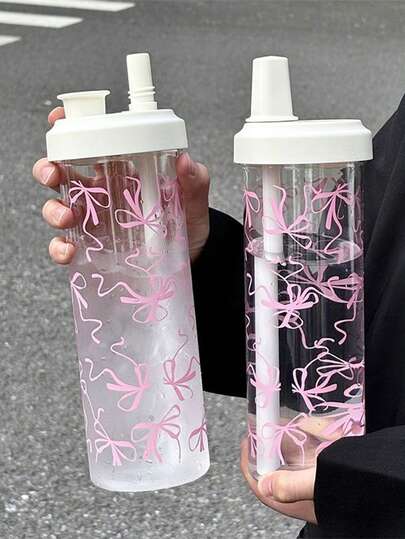 大容量粉色蝴蝶结装饰水瓶，珍珠奶茶风夏季水杯，便携式超大吸管塑料杯，小众大容量，适合女生和学生