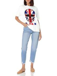 Skull Britain British Flag Women's Basic Crew Neck T-Shirt - Soft Cotton Slim Fit Versatile Daily Top - 白色 - 查看 2