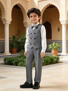 男童演出服装套装 男童礼服 花童婚纱 男童宴会礼服 三件套（背心+裤子+领结） - 灰色 - 查看 3