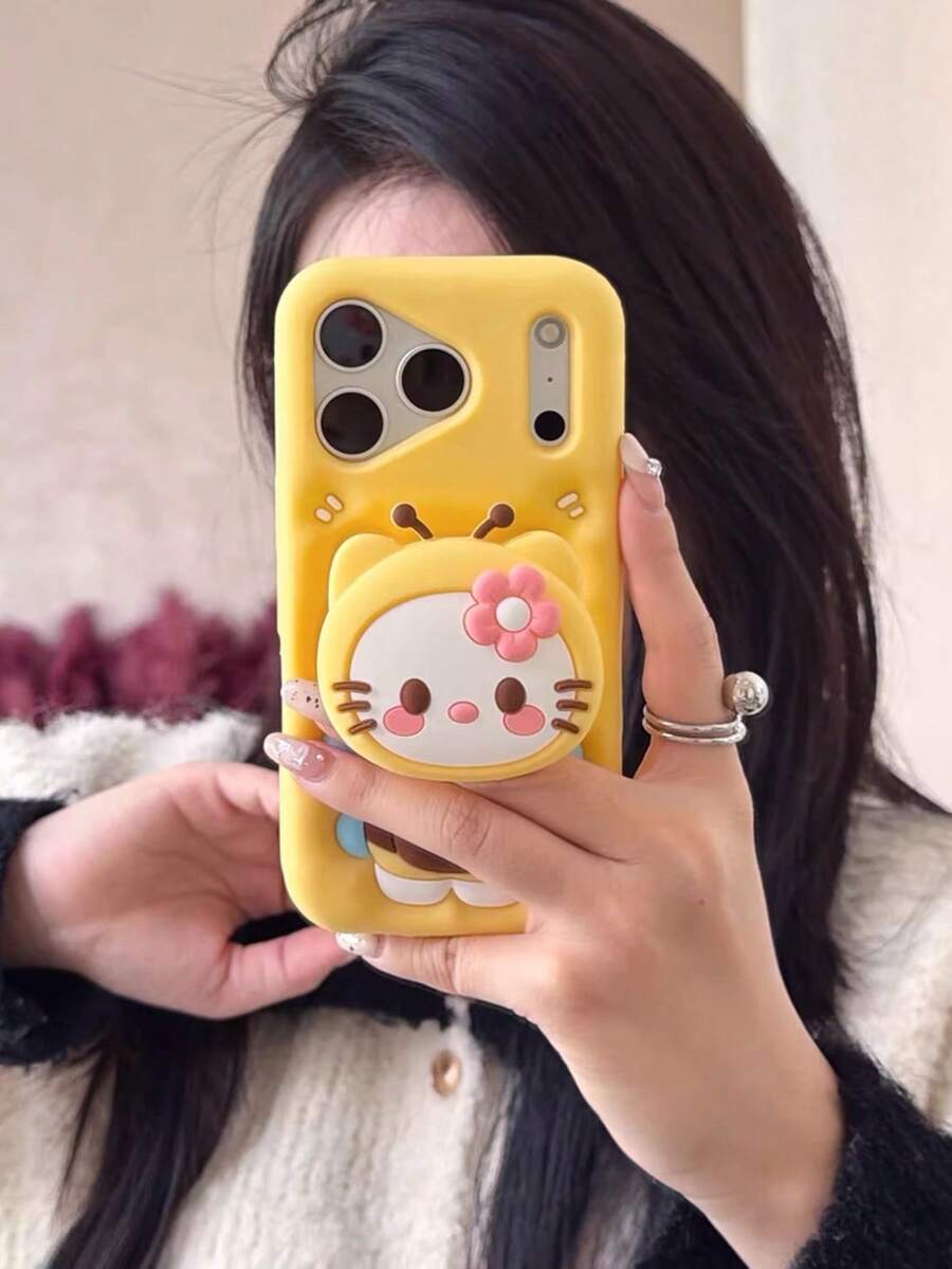 Sanrio 3件套三丽鸥授权可爱卡通蜜蜂KT猫可扩展手机支架保护套，兼容 17 Pro Max、16/15/14/13/12/11，硅胶手机保护套 - 玫紅色 - 查看 1