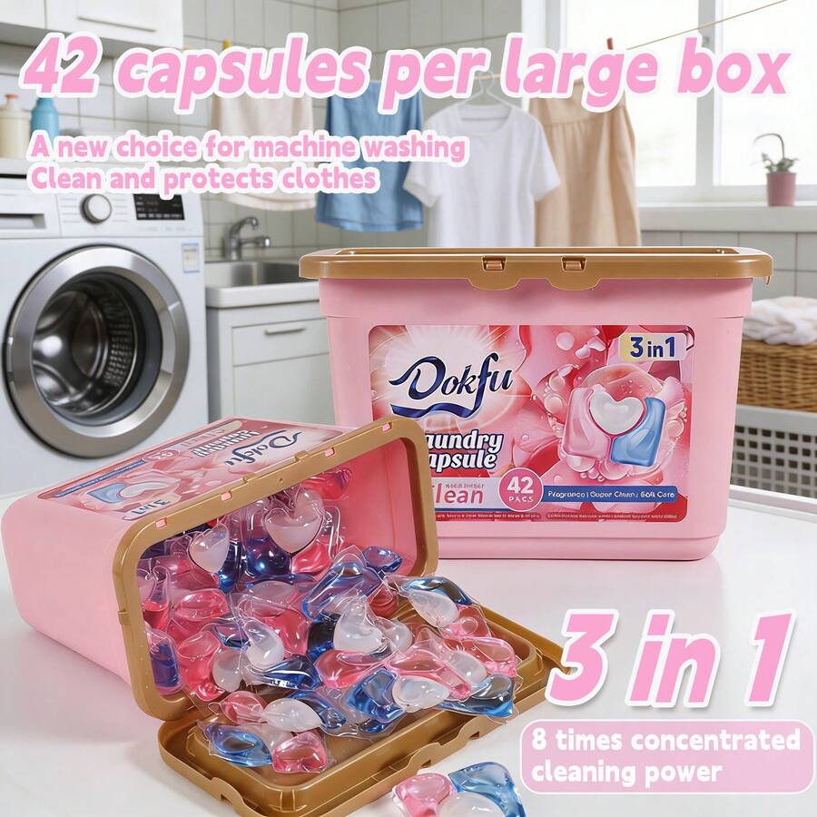 三合一洗衣凝珠，8倍浓缩洗涤剂，强力去污，衣物柔顺剂，天然洗衣液，持久留香，花香，每包42颗。 - 玫瑰紅 - 查看 1