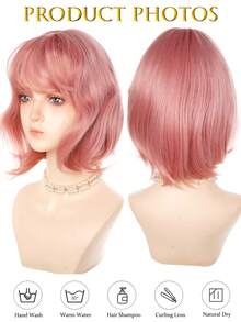 12英寸粉色波波头假发，带刘海，合成耐热假发，外观自然，适合女性日常、派对和角色扮演使用，粉色、棕色、黑色可选。 - 彩色 - 查看 2