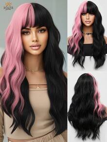 XOUJE Tóc giả dài 26 inch màu đen, gợn sóng, điểm xuyết màu hồng, làm từ sợi tổng hợp chịu nhiệt, có mái. Thiết kế nhẹ, mềm mại và bồng bềnh. Phù hợp cho nữ giới. Thời trang cho mặc hàng ngày, các buổi họp mặt ngày lễ, hẹn hò, tiệc tùng sang trọng, Halloween, Giáng sinh, Cosplay, phong cách Lolita. - Màu hồng nổi bật - Xem 1