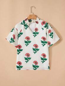 Acelitt Cămașă bej cu imprimeu floral, decolteu în V, mânecă scurtă, lejeră, de vară - Multicolor - Vizualizare 2