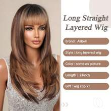 DColored Honey Brown Wigs For Women Long Straight Layered Synthetic Wigs With Bangs Heat Resistant Hair For Daily Party Use - honeybrownblonde21272 - 查看 4