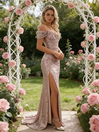 Off Shoulder Sequin Strap Split Pleat Maxi Long Dress Evening Party Bridesmaid Wedding Guests Dress, Gown, Formal, Elegant