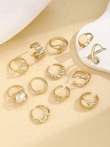 12pcs Fashionable Pearl & Geometric Golden Smooth Ring Set - Yellow Gold - View 5