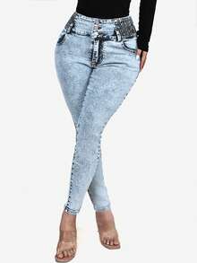 Women's High Waist Pocket Skinny Casual Distressed Denim Jeans Spring - Medium Wash - View 5