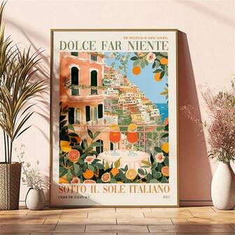 1pc "Dolce Far Niente" Optional Frame Canvas Wall Art, Colored Painting, Italian Spritz Art, Positano Art, Amalfi Coast, Home Decor Gift, Wall Art, Wall Decoration Poster, Wall Canvas Decoration, Ideal Gift For Hallway, Bedroom And Living Room, Birthday And Graduation Gift.