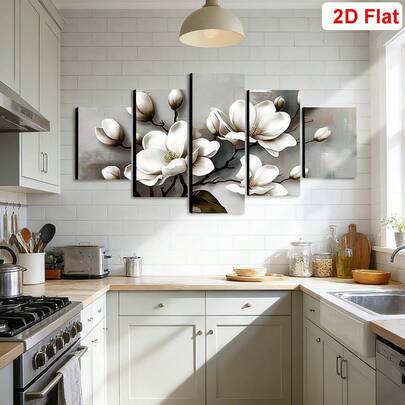 1/5 piezas Arte de lienzo moderno grande, Cuadro de pared de flor de magnolia blanca con marco, Decoración floral vintage adecuada para dormitorio, sala de estar, baño, gimnasio, estudio de yoga, decoración del hogar, listo para colgar