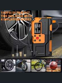 Bộ kích nổ ắc quy ô tô công suất cao, máy nén khí ô tô, bộ sạc đa năng 2 trong 1, tích hợp bơm lốp kỹ thuật số 150 PSI, đèn pin LED, thiết kế búa an toàn, cấu trúc chắc chắn, bao gồm nhiều đầu nối | Dụng cụ khẩn cấp cho xe | Màu cam nổi bật | Hộp đựng - Không dây - Xem 4