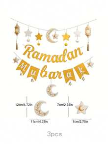 Bộ 3 banner treo trang trí Eid Mubarak màu trắng và vàng, làm bằng nỉ, họa tiết trăng, sao, đèn lồng, chuông và tua rua, thích hợp để trang trí tường nền cho các bữa tiệc, lễ hội. - Nhiều màu - Xem 5