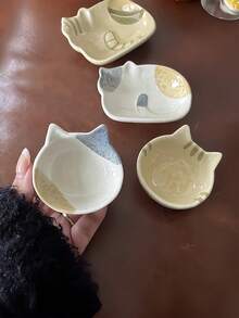 1pc Ceramic Glaze Dipping Sauce Dish, High-Quality Tableware For Hotpot, Soy Sauce, Vinegar, Stylish Japanese Cat Design - Multicolor - View 2