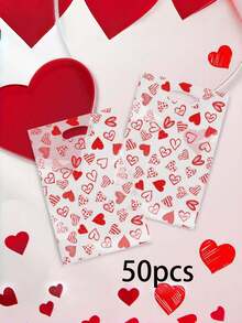 100/50/1件装爱心主题印花手提包礼盒套装，情人节小物件包装袋，透明塑料材质，情人节伴侣礼物手提包，甜蜜浪漫便携款，心形图案全印花 - 彩色 - 查看 7