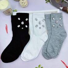 1/2/3/4 Pairs Women Solid Color Rhinestone Decorated Mid-Calf Socks, Sparkling Rhinestone Decorated Socks - Comfortable, Fashionable, Soft, Stretchy, Suitable For All Seasons, Perfect For Women's Daily Wear, Dates, Parties, And An Ideal Gift For Women, Christmas, Valentine's Day, Mother's Day - Multicolor - View 5
