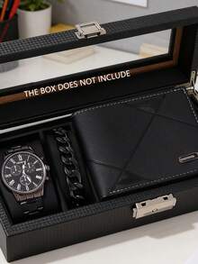3pcs Minimalist Business Men's Quartz Watch Set, Men's Silver Accessories Set (Including A Silver Roman Numeral Multifunction Watch, A Cross Necklace With Diamond Accents, And A Black Wallet), With Silver As The Main Tone: The Watch Features A Roman Numeral Dial For A Practical And Professional Look, The Cross Necklace With Diamond Accents Adds A Touch Of Sophistication, And The Minimalist Black Wallet Is Suitable For Everyday Use. - Black - View 7