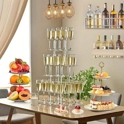 1 قطعة حامل عرض برج الشمبانيا المستطيل من الأكريليك، حامل طبقات عائمة ذو 32 فتحة مناسب للحفلات والأعراس والمدارس والاحتفالات