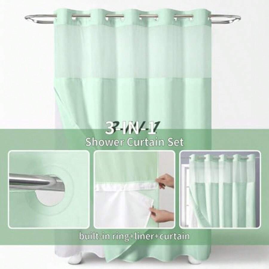 Cortina de ducha  larga sin gancho con forro de tela a presión cortinas de ducha de tela texturizada para baño cortina de ducha moderna estilo hotel repelente al agua y lavable 71 x - 180.3An x 218.4Al cm (1 Paneles)+Verde menta - Ver 1