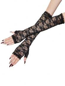 一双黑白蕾丝长袖手套，新娘袖，角色扮演服装配饰，暗黑系性感手套，适合万圣节、狂欢节、情人节和化装舞会