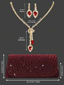 闪亮水钻翻盖晚宴包派对包，优雅时尚的褶皱手拿包舞会包，配有闪亮水钻首饰两件套，适合派对、晚宴、聚会、舞会、婚礼。 - 酒紅色 - 查看 4