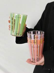 1pc Cute Striped "Good Luck" Glass Cup, Breakfast Milk Cup, Latte Cup, Heat-Resistant Transparent Water Cup, Couple Striped Water Cup, Holiday Gift - Multicolor - View 2