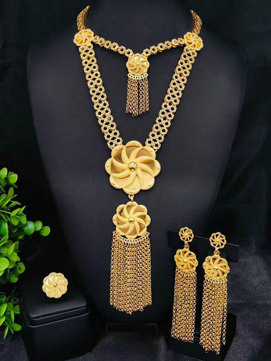 1pc Necklace, 1 Pair Earrings, 1pc Ring Hollow Carved Copper Alloy Jewelry Set, Gold Tassel Long Necklace, Hollow Floral Pattern 4-Piece Jewelry Set, Middle Eastern Dubai European & American Fashion Women Wedding Party Birthday Date Holiday Gift Bridal Accessories Necklace Earrings Ring - Yellow Gold - View 1