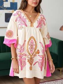 Đầm đi nghỉ mát in hoa phong cách Bohemian, trang phục đi biển dự tiệc âm nhạc Boho lấy cảm hứng từ miền Tây dành cho nữ, đầm babydoll in hoa Sweet Duet, đầm ôm sát in họa tiết tay cánh dơi cổ chữ V sâu gợi cảm màu hồng thanh lịch dành cho nữ, đầm hè sang trọng - Hồng - Xem 7