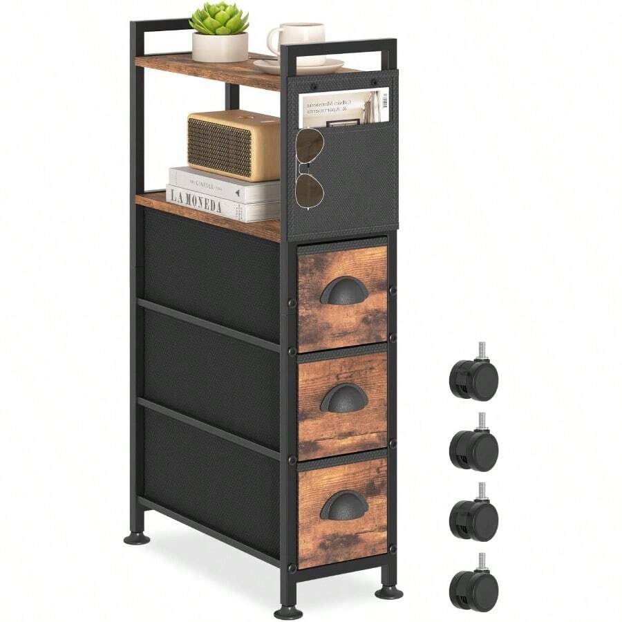 3 Drawer Narrow Dresser Side End Table Small Spaces, Slim Nightstand Bedside Sofa Table With Wheels, Space Saving Skinny Thin Couch Desk With Storage Bag For Bedroom Living Room Bathroom,Black - Rustic Brown - 查看 1