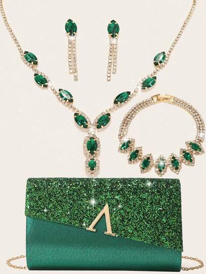 Rhinestone Jewelry Bling Necklace Earrings Bracelets Set For Clutch Bag For Party, Gold Glitter Flap Elegant Envelope Clutch,Romantic Wedding, Spring/Summer Chain Shoulder Bag, Bride Bag, Formal Prom Clutch, Elegant Evening Dress Bag, Perfect For Party Wedding Prom Dinner/Banquet