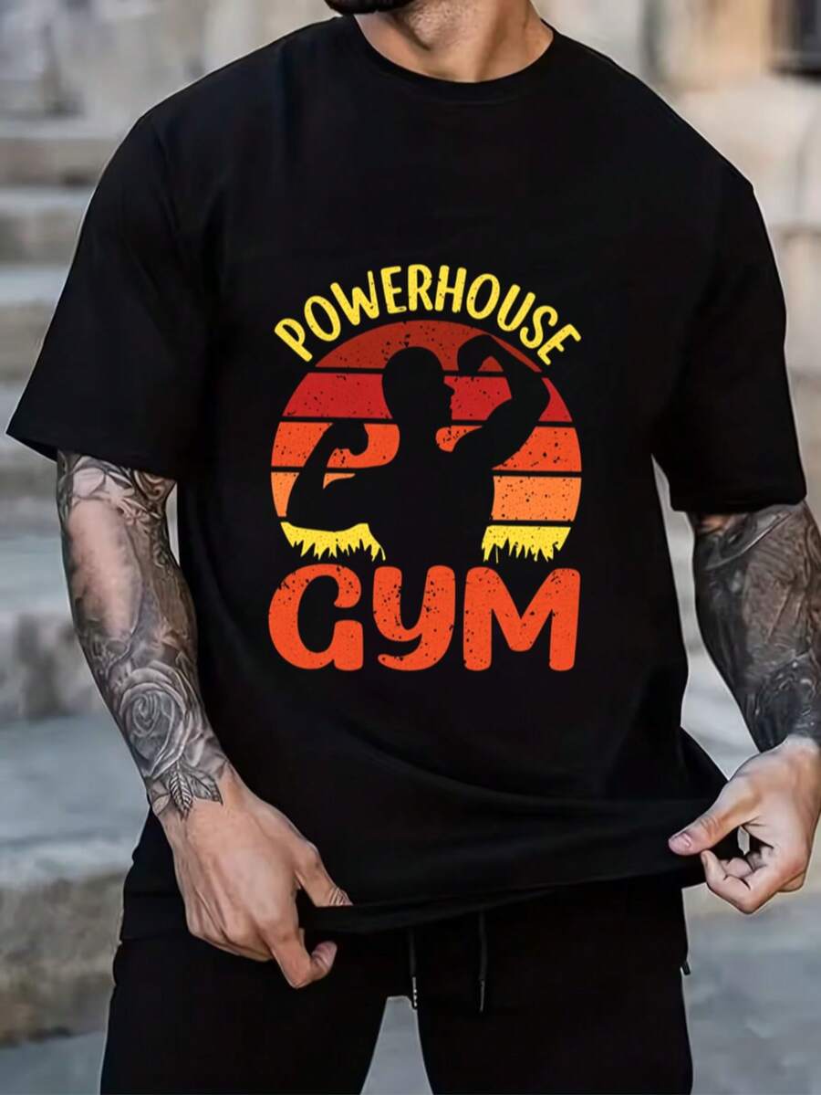 Esencial de Camiseta de algodón blanca con patrón del gimnasio - Negro - View 1