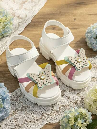 1 Pair Girls' Summer Sandals With Butterfly Decor, Colorful Strap Design, Adjustable Ankle Strap, Suitable For Children's Daily Wear