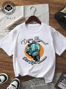 Tricou grafic cu mânecă scurtă pentru femei, imprimeu vintage Scooter, guler rotund, casual, retro, cu litere, croială lejeră, pentru vară, purtare zilnică