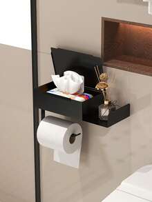 1 pieza Portarrollos de papel higiénico con estante, caja de toallitas húmedas de baño, caja de pañuelos, portarrollos de papel higiénico montado en la pared, caja de pañuelos para la sala de estar y el baño, estante de almacenamiento de papel higiénico sin taladro, organizador de accesorios de baño, accesorios de baño de hotel - Multicolor - Ver 7