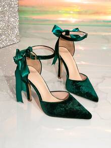 Green Rose Print High Heel Hollow Out Pumps, Classic Bow Tie Faux Rose Flower, Romantic Heart Sweet Fashion Pointed Toe Party High Heel Closed Toe Sandals - Green - View 4