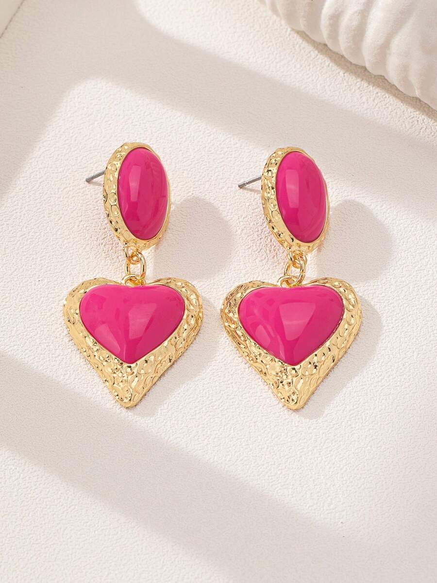1 Pair European & American Fashion Classic Heart Series Pink & Green Acrylic Inlaid Earrings, Suitable For Valentine's Day Gift