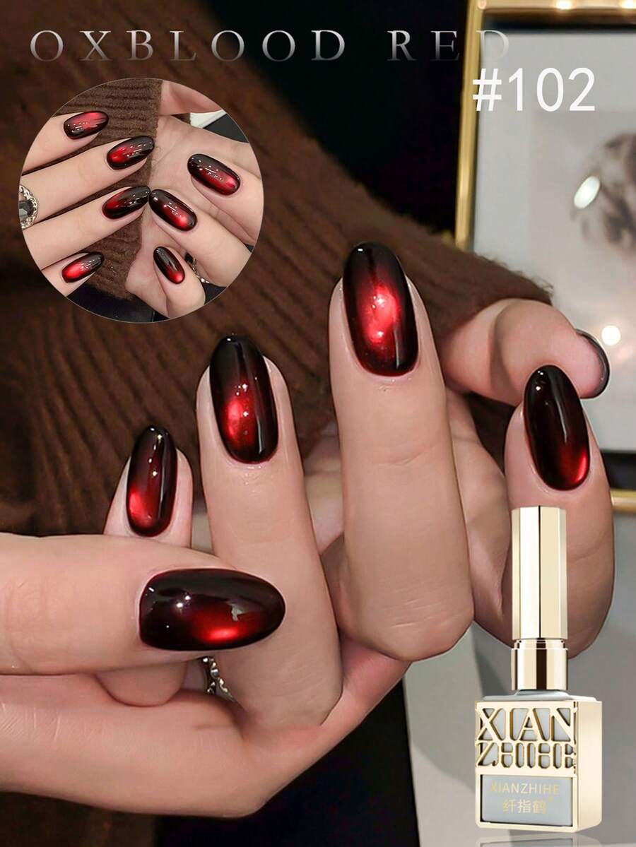1pc/3pcs 15ml Red Glass Bead Cat Eye Gel Nail Polish, 2026 Autumn/Winter New Cherry Wine Red Cat Eye Butterfly Bottle Manicure, Valentine's Day Nail Art - Burgundy - View 1