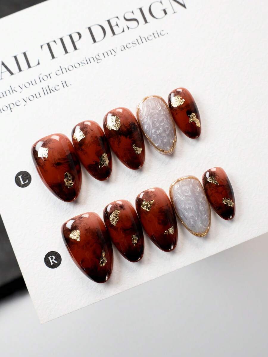 Enhance Your Temperament, 10 Piece Set, Pure Handmade Pressing Set, Sweet Girl Nail Art, Short Almond Shaped, Acrylic Material, Suitable For Women And Girls To Wear At Holiday Parties, Pure Handmade Reusable Fake Nails, Comes With 1 Mini Nail File And 1 Self-Adhesive Label - Multicolor - View 1