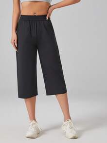 Women's High Waist Nylon Mesh Breathable Loose Fit Capri Pants With Side Pockets, Casual Sports Jogger Pants - Black - View 7