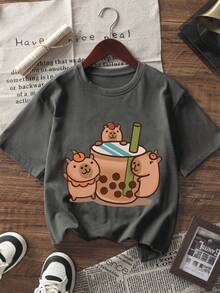 Bộ 3 áo thun ngắn tay in hình hoạt hình Capibara dễ thương dành cho bé gái tuổi teen, áo mùa hè. - Nhiều màu - Xem 6