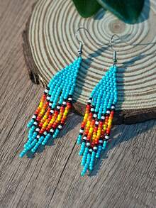 AHAYA 女士时尚流苏耳环，手工波西米亚风玻璃串珠耳环，轻盈奢华串珠耳钩，适合日常休闲佩戴、音乐节、毕业礼物等场合 - 綠松石色 - 查看 7