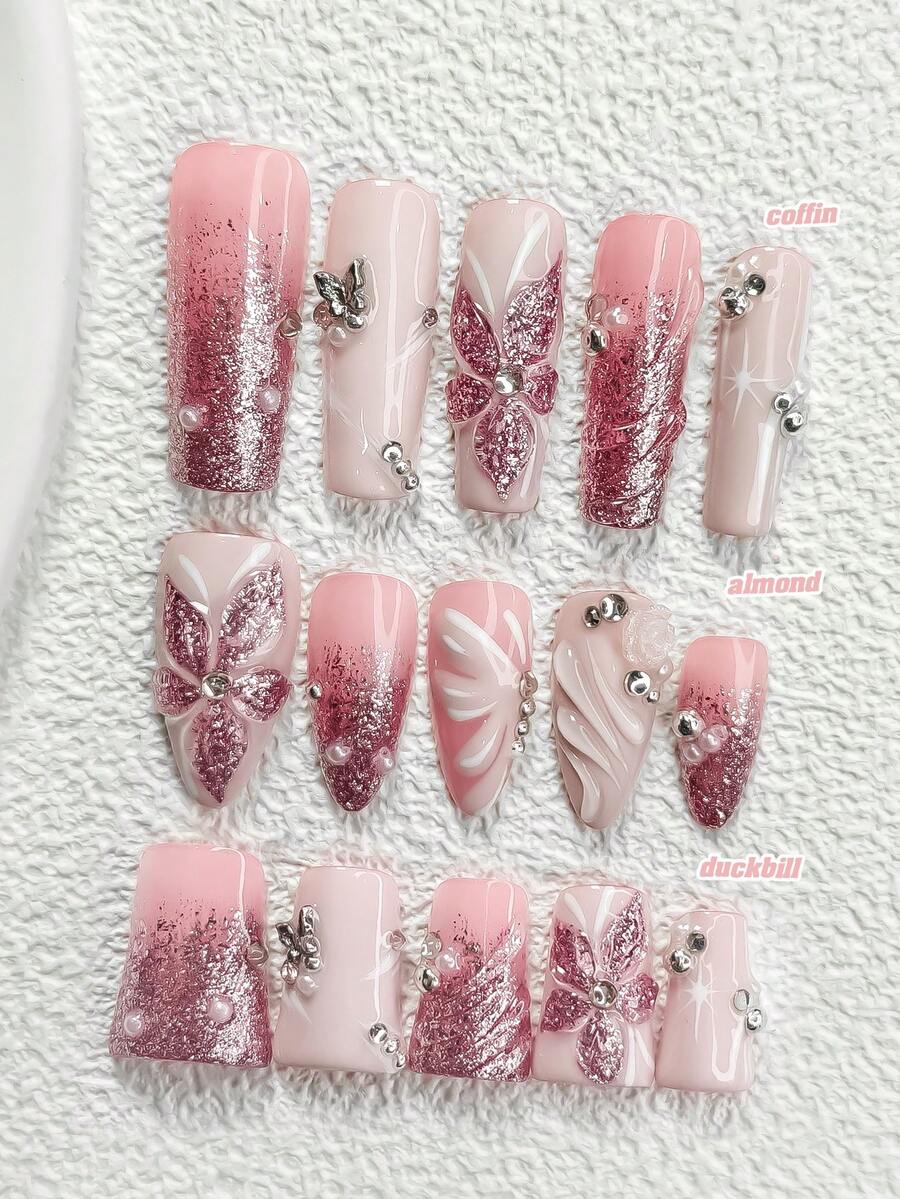 10件套粉色奢华亚克力美甲套装，闪亮玫瑰，手工花朵装饰，蝴蝶美甲，精细闪粉凝胶，包含美甲工具（1个果冻贴+1个指甲锉），3种尺寸可选：杏仁形、鸭嘴形、棺材形，适合通勤、派对、日常佩戴、节日美甲。 - 彩色 - 查看 1